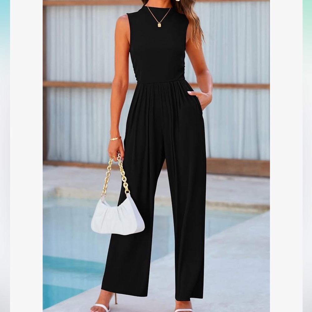 Pretty Garden Womens Summer One Piece Sleeveless Mock Neck Wide Leg Romper - Picture 2 of 9